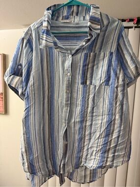 Notations Striped Button Down Short Sleeve Shirt Women’s 2XL Blue Coastal